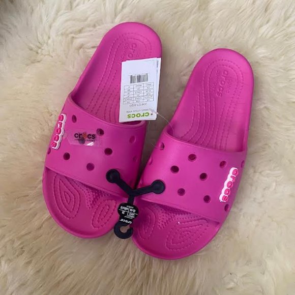 NWT CROCS UNISEX MEN 10 Women 12 Electric Pink Classic Crocs Slide LOGO Jibbitz - Picture 2 of 4